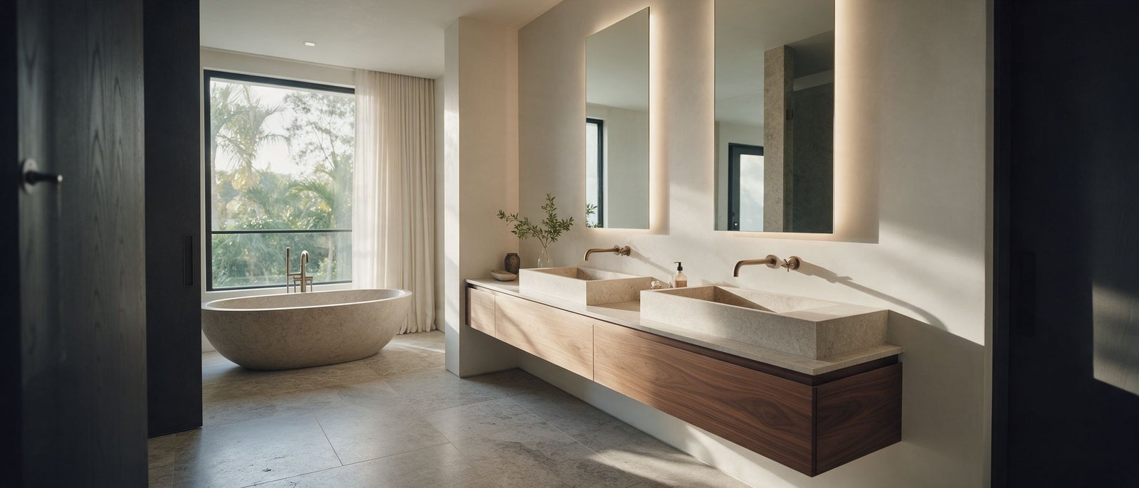 Primary bath with floating walnut vanity and stone tub