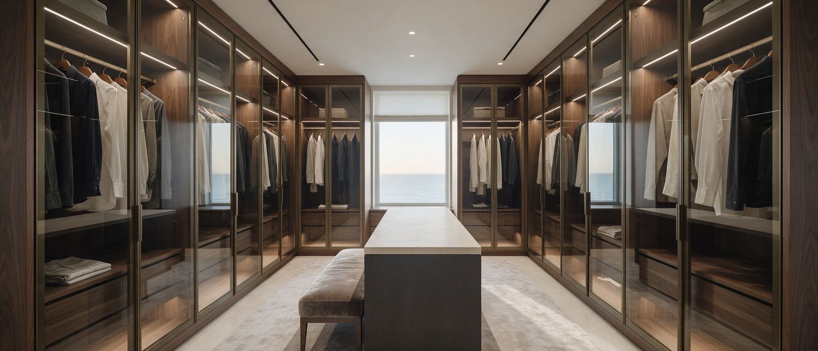 Walnut and glass walk-in closet with a stone-top island